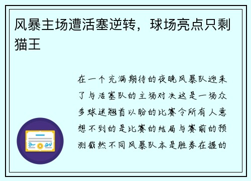 风暴主场遭活塞逆转，球场亮点只剩猫王