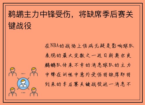 鹈鹕主力中锋受伤，将缺席季后赛关键战役